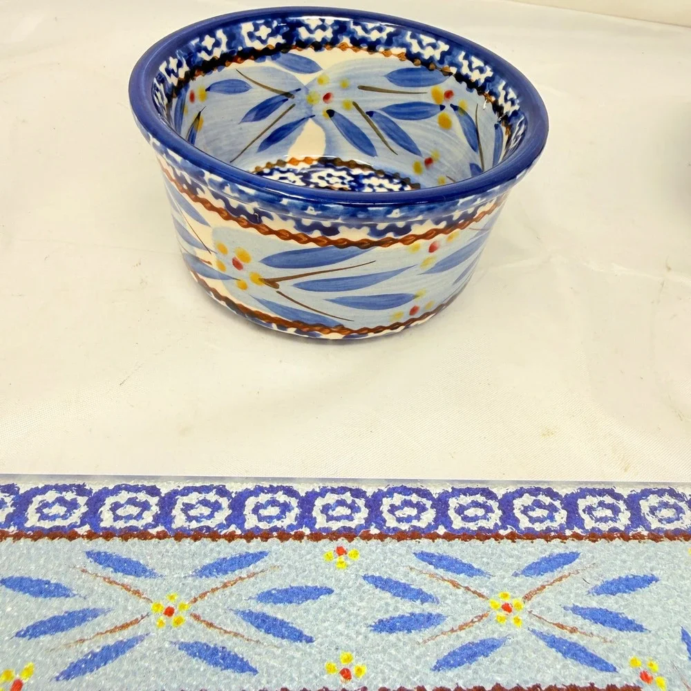 Temp-tations Old World 4pc Set 6oz Ceramic Ramekins & Glass Trivets Blue Floral